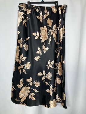 Ninety Black & Gold Floral Satin Maxi Skirt Modern L Made in USA